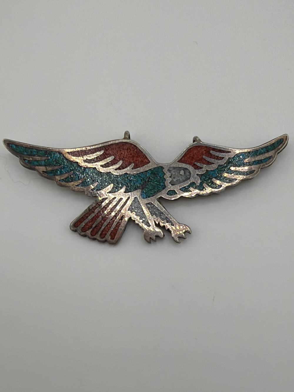 Vintage Southwest Style Thunderbird Inlay Sterling Silver Necklace Turquoise
